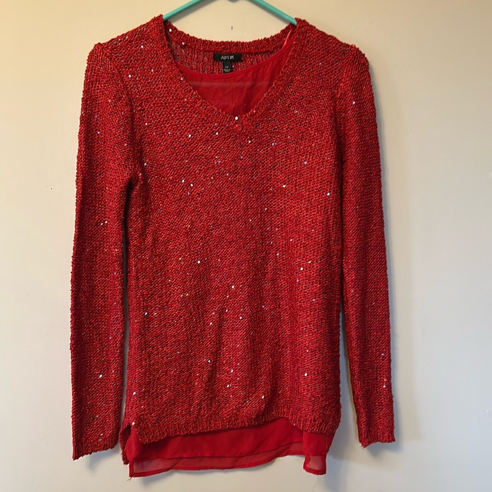 Apt9 red sequin and gauze trimmed sweater xs and nwt